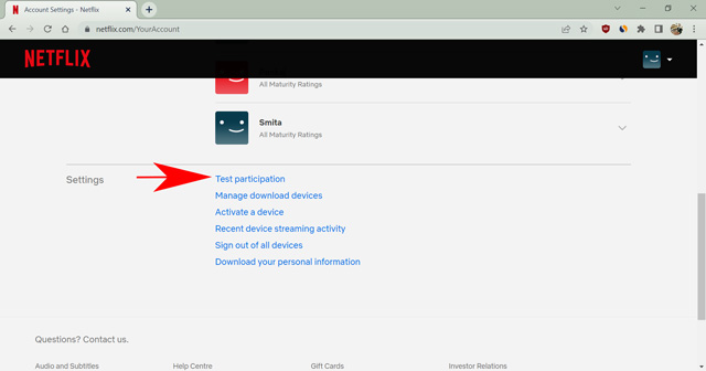 నెట్ఫ్లిక్స్ సెట్టింగ్లలో టెస్ట్ పార్టిసిపేషన్ ఆప్షన్